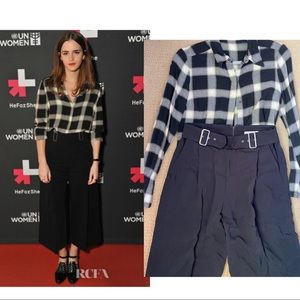 ALC Set ASO Emma Watson - ALC Plaid Knit Shirt and High Waisted Wide-Leg Pants 4